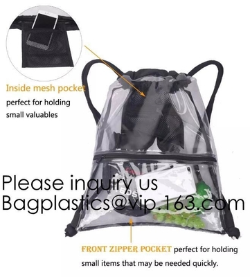 Clear Drawstring PVC Drawstring Backpack With Mesh Side Pockets For School, Music Festivals, Sporting Events, Gyms