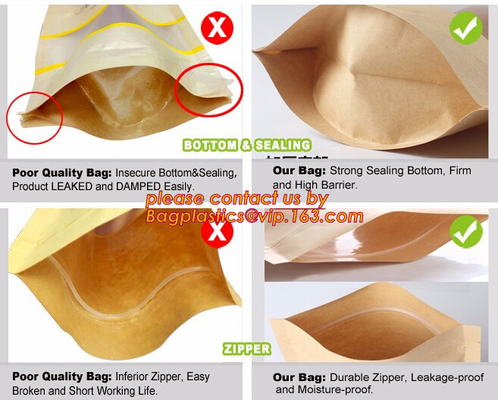 k colorful printing stand up kraft paper bags with clear window,Brown kraft paper aluminum foil zipper plastic bag