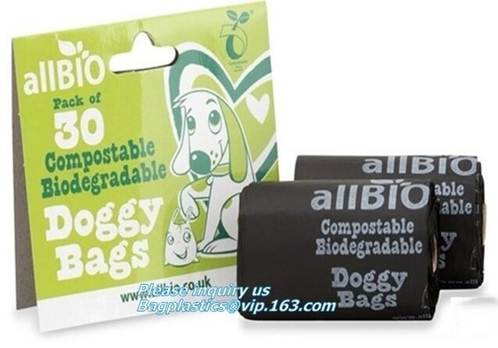 Compostable Doggie Poop Bag, Tie Top Handle Cornstarch Earth Friendly Waste Bag Holder Dispenser with LED Flashlight Eco