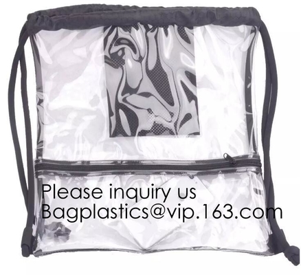 Clear Drawstring PVC Drawstring Backpack With Mesh Side Pockets For School, Music Festivals, Sporting Events, Gyms