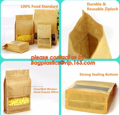 k colorful printing stand up kraft paper bags with clear window,Brown kraft paper aluminum foil zipper plastic bag