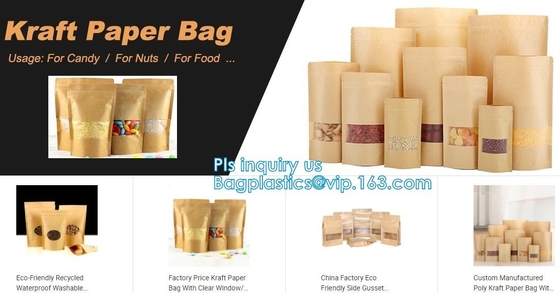 recycled resealable custom design resealable zipper locked stand up clear window brown kraft paper bag BAGEASE BAGPLASTI