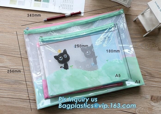 vinyl PVC Net Pattern Mesh Bags with zipper, A4 Mesh Zip Document Wallet Folder Pencil Case File Secury Storage Bag