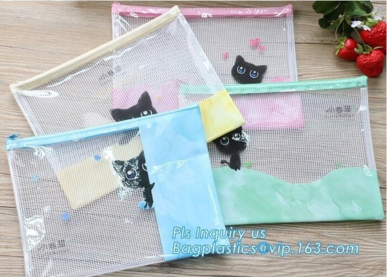 vinyl PVC Net Pattern Mesh Bags with zipper, A4 Mesh Zip Document Wallet Folder Pencil Case File Secury Storage Bag