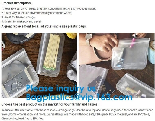 FDA Approved Zip Lock Bags Food Packaging Zipper peva Reusable k Sandwich Bag,Eco-Friendly Soft Clear PEVA Bag Wit