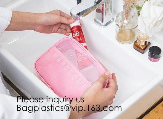 Travel toiletry pouch cosmetic makeup organizer bag zipper transparent pvc mesh bags,pouch nylon cosmetic gift bags&case