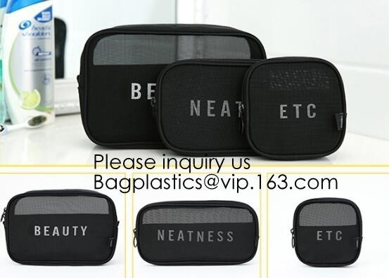 Promotional Custom Zipper Portable Luxury Fashion Clear Pvc Mesh Women Clear Cosmetic Bag, Functional polyester mesh pri