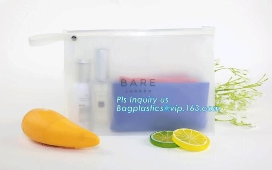 cosmetics packaging PVC transparent k slider plastic bag with pink zipper, Slider zipper Gusset Bag Cosmetic PVC B