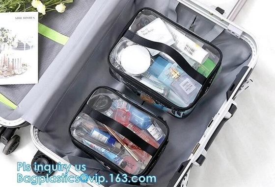 PVC Zip Lock Plastic Cosmetic Travel Packaging Bag, Travel Set Stand Up Bags For Agency With Custom Logo, Waterproof Pla