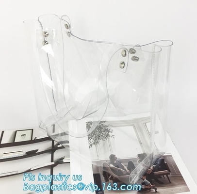 Tote Bags PVC Beach Lash Package Tote Shoulder Bag with Interior Pocket, Waterproof Semi-clear Tote Bags Stripe PVC Shou