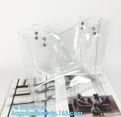 Tote Bags PVC Beach Lash Package Tote Shoulder Bag with Interior Pocket, Waterproof Semi-clear Tote Bags Stripe PVC Shou