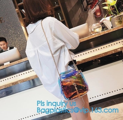 Personalized Womens Rainbow Color Shoulder Hand Bag PVC Clear Beach Bag, Handbag manufacturer China fashion ladies clear