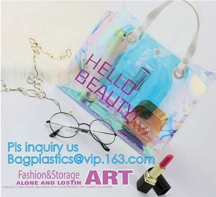 Women Summer Beach Bag Vinyl PVC Transparent Small Tote Handbags Shopping Shoulder Bags, handle, carry, die cut, packagi