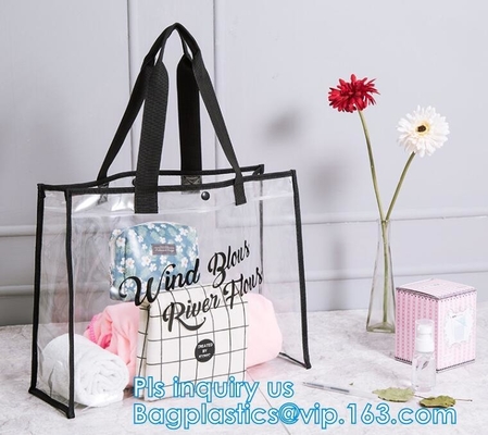 Clear PVC shopping reusable tote bags with carry handle, pvc Tote Bag Customize Logo pvc Shopping Bag, Custom Promotiona