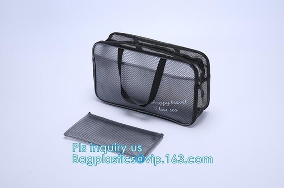 multi-purpose washable portable breathable 3 pcs polyester mesh travel cosmetic bag, Mesh Zipper Black Makeup Pouch Cosm