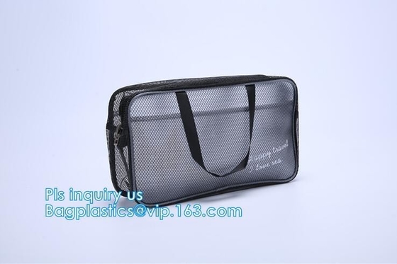 multi-purpose washable portable breathable 3 pcs polyester mesh travel cosmetic bag, Mesh Zipper Black Makeup Pouch Cosm