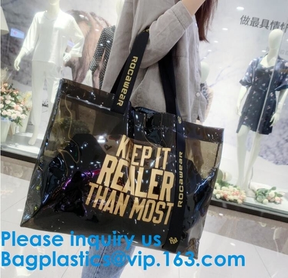 Vinyl PVC Shopping Bag, Shoulder Tote Bag Clear Waterproof Beach Handbag Custom Logo Handle Shopping Bag