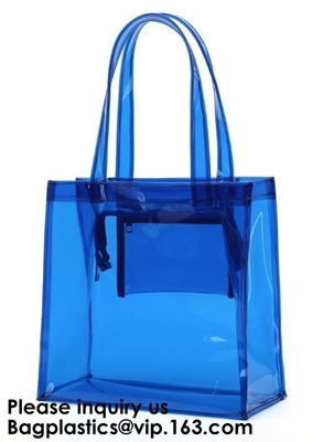 Beach Bag Clear PVC Bag Tote With Inner Pocket And Zipper Closure,PVC Bag Beach Tote With Black Handles, Bagease