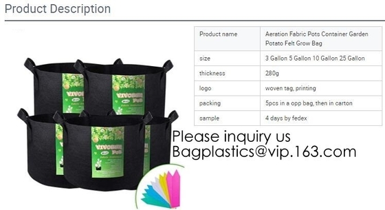 Felt Grow Bags, Aeration Fabric Ports Container Garden Potato Felt Grow Bag, 3 Gallon, 5 Gallon, 10 Gallon, 25 Gallon