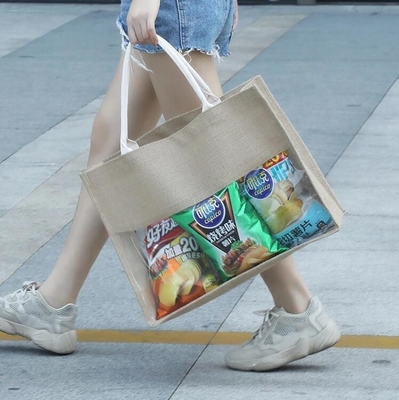 Beach Tote Shoulder Bag With Interior Pocket, Jute Bags Natural Burlap Joint PVC Wine Grocery Packaging Carrier Jute Bag