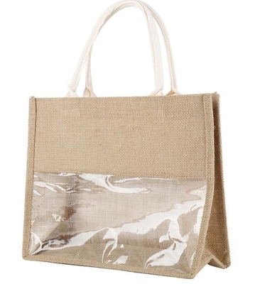 Beach Tote Shoulder Bag With Interior Pocket, Jute Bags Natural Burlap Joint PVC Wine Grocery Packaging Carrier Jute Bag