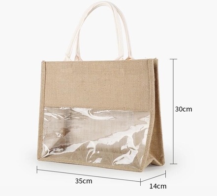 Beach Tote Shoulder Bag With Interior Pocket, Jute Bags Natural Burlap Joint PVC Wine Grocery Packaging Carrier Jute Bag