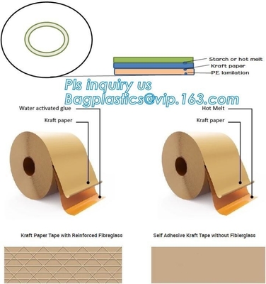 Water-activated Reinforce Kraft Gummed Paper Tape for Sealing & Strapping,Self adhesive kraft paper gummed tape bagease
