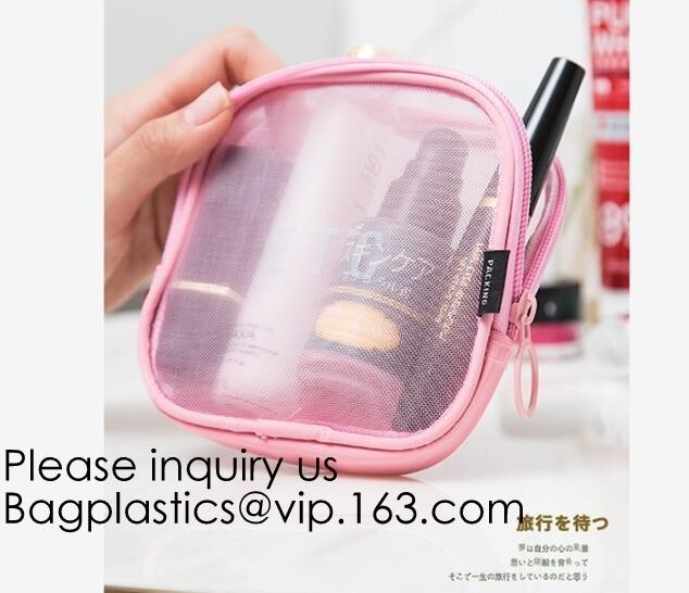 Travel toiletry pouch cosmetic makeup organizer bag zipper transparent pvc mesh bags,pouch nylon cosmetic gift bags&case